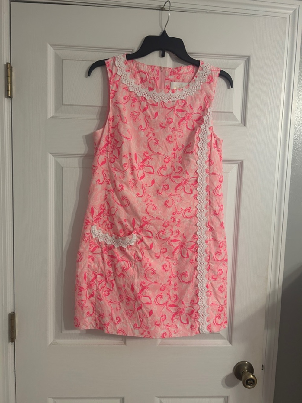 Pink Floral Sleeveless Shift romper  with White Lace Trim